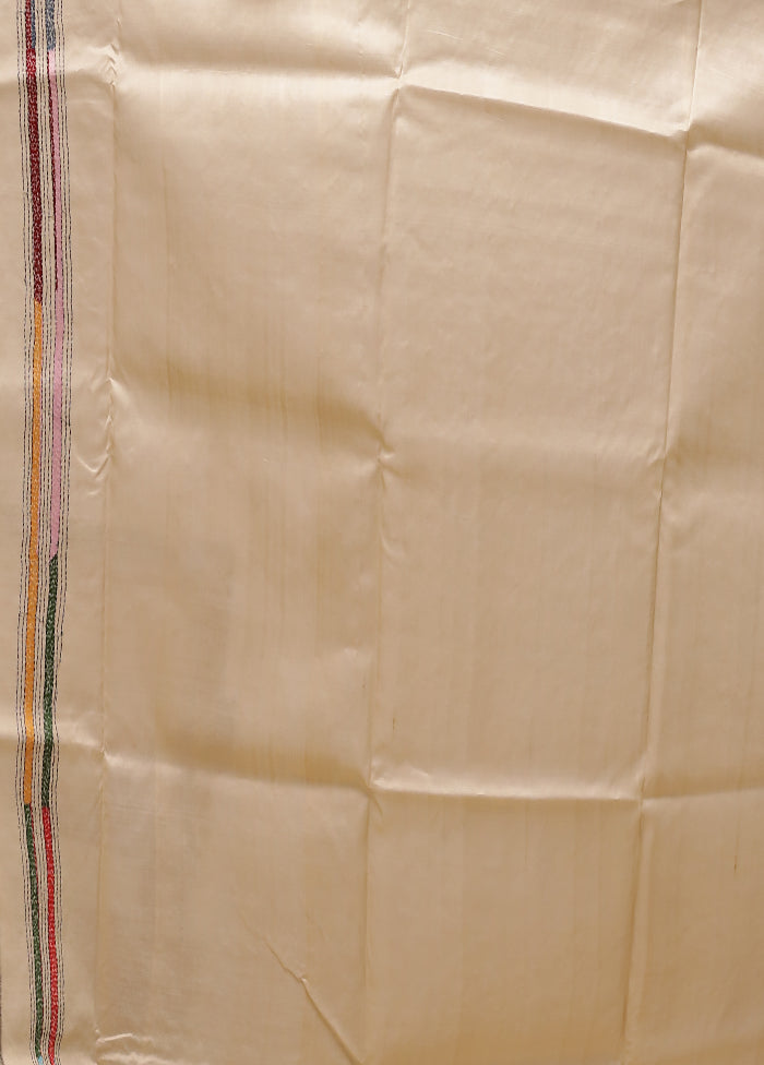 Cream Handloom Kantha Stitch Pure Silk Saree With Blouse Piece