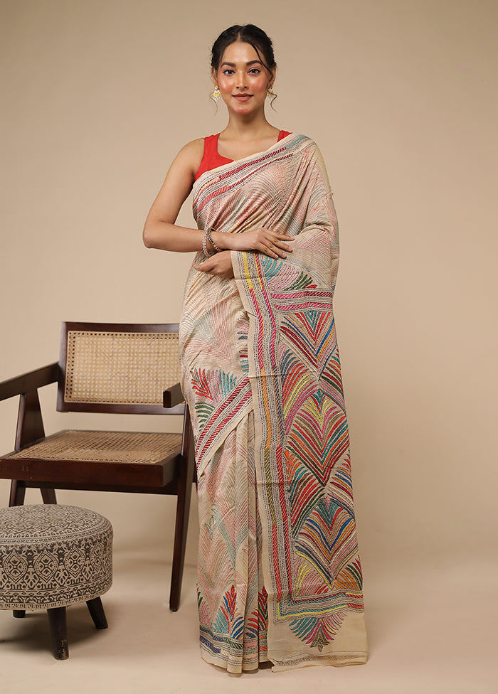 Cream Handloom Kantha Stitch Pure Silk Saree With Blouse Piece