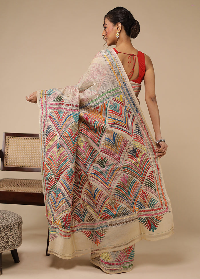 Cream Handloom Kantha Stitch Pure Silk Saree With Blouse Piece