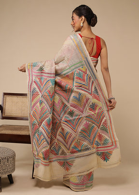 Cream Handloom Kantha Stitch Pure Silk Saree With Blouse Piece