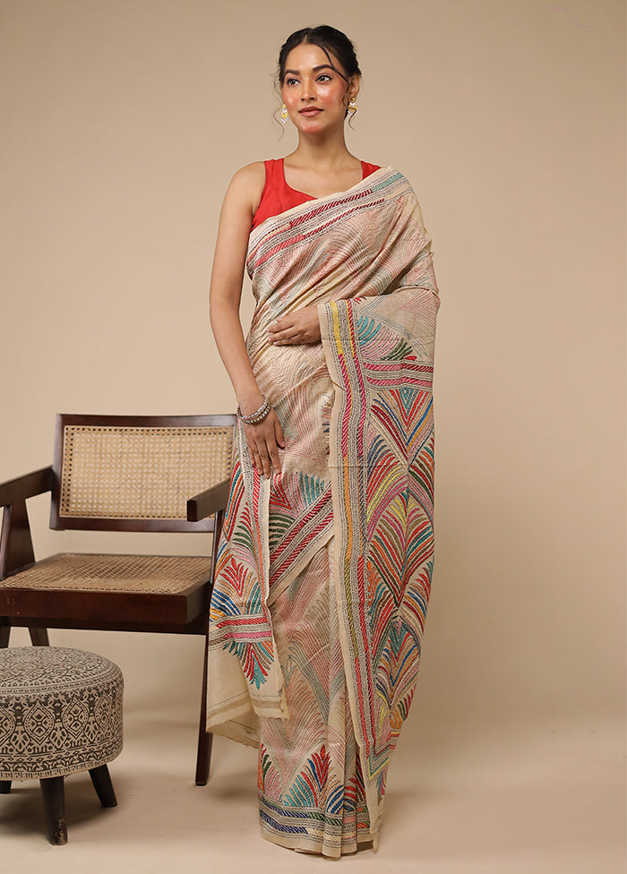 Cream Handloom Kantha Stitch Pure Silk Saree With Blouse Piece