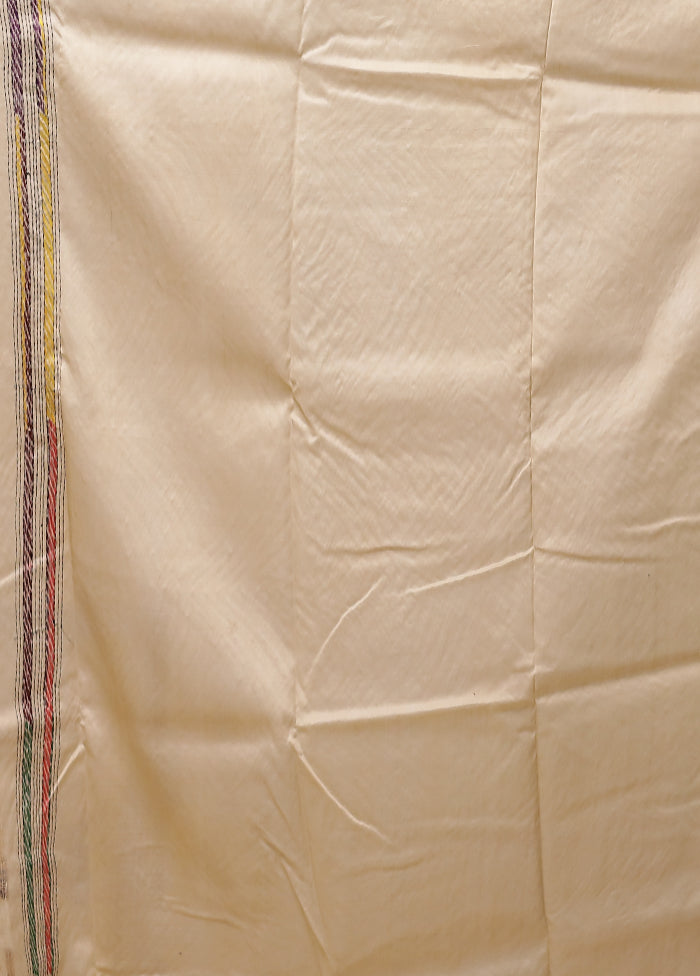 Cream Handloom Kantha Stitch Pure Silk Saree With Blouse Piece
