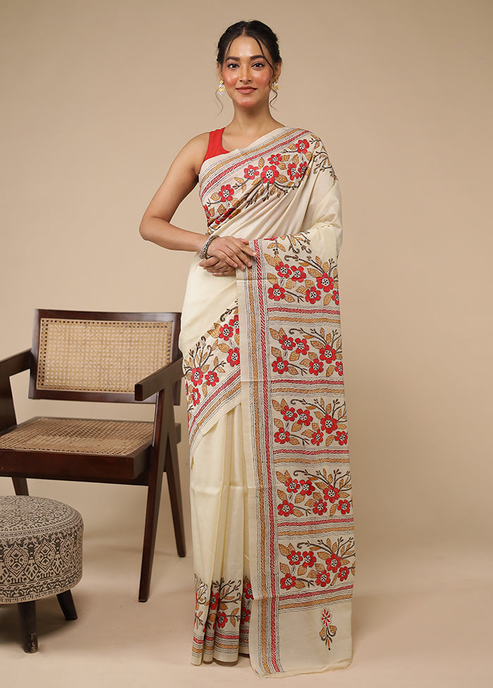 Cream Handloom Kantha Stitch Pure Silk Saree With Blouse Piece