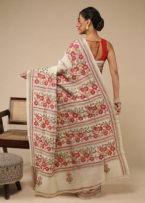 Cream Handloom Kantha Stitch Pure Silk Saree With Blouse Piece
