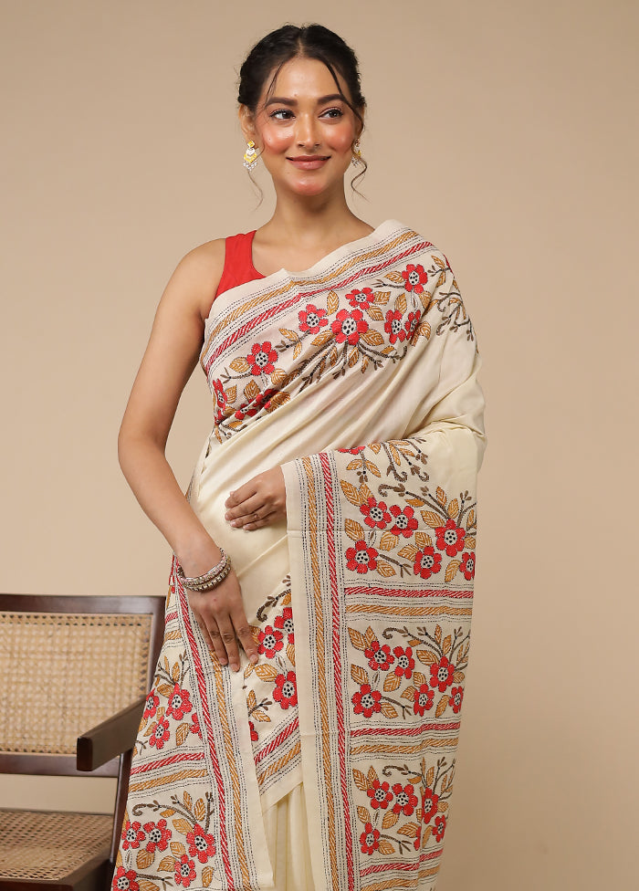Cream Handloom Kantha Stitch Pure Silk Saree With Blouse Piece