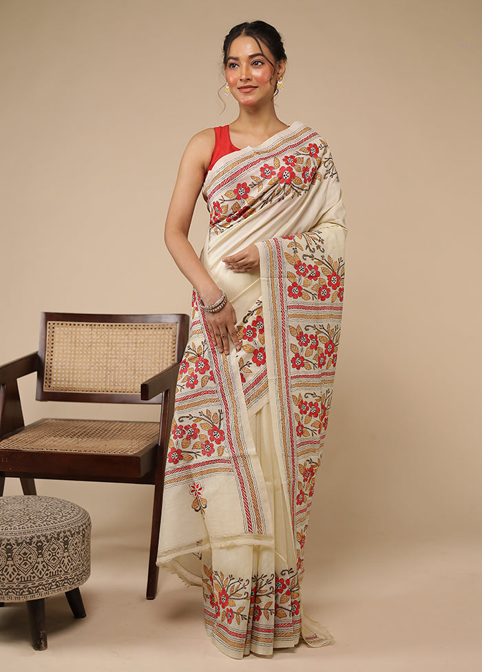 Cream Handloom Kantha Stitch Pure Silk Saree With Blouse Piece