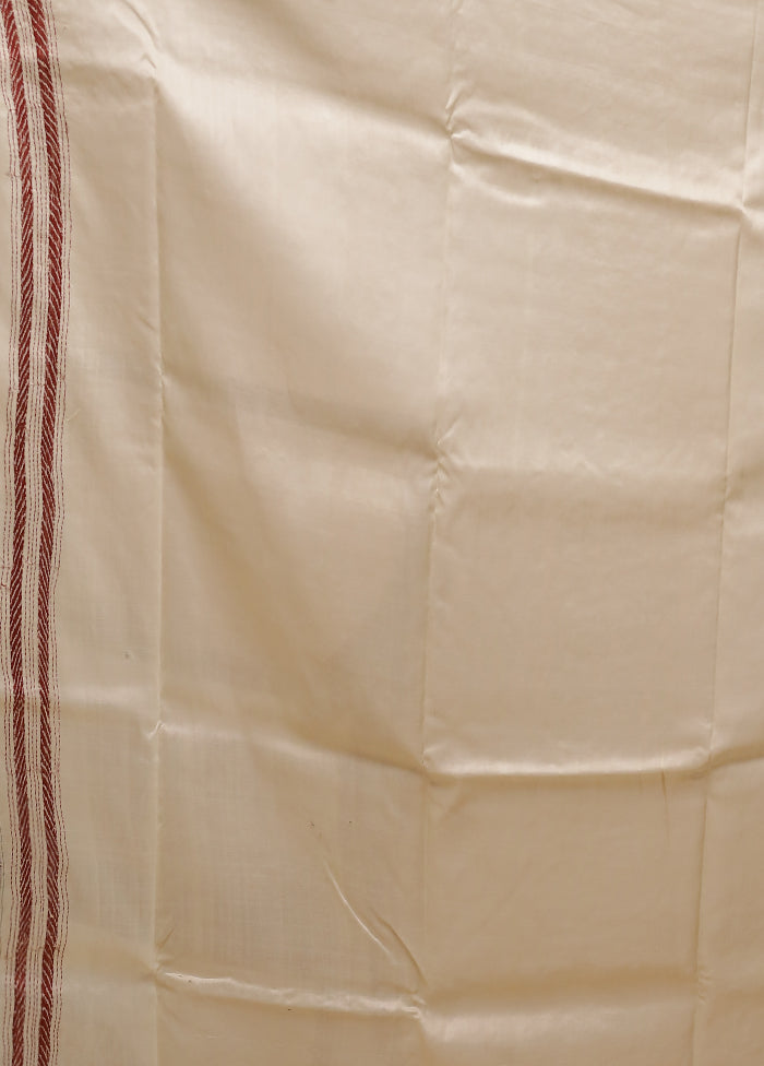 Cream Handloom Kantha Stitch Pure Silk Saree With Blouse Piece