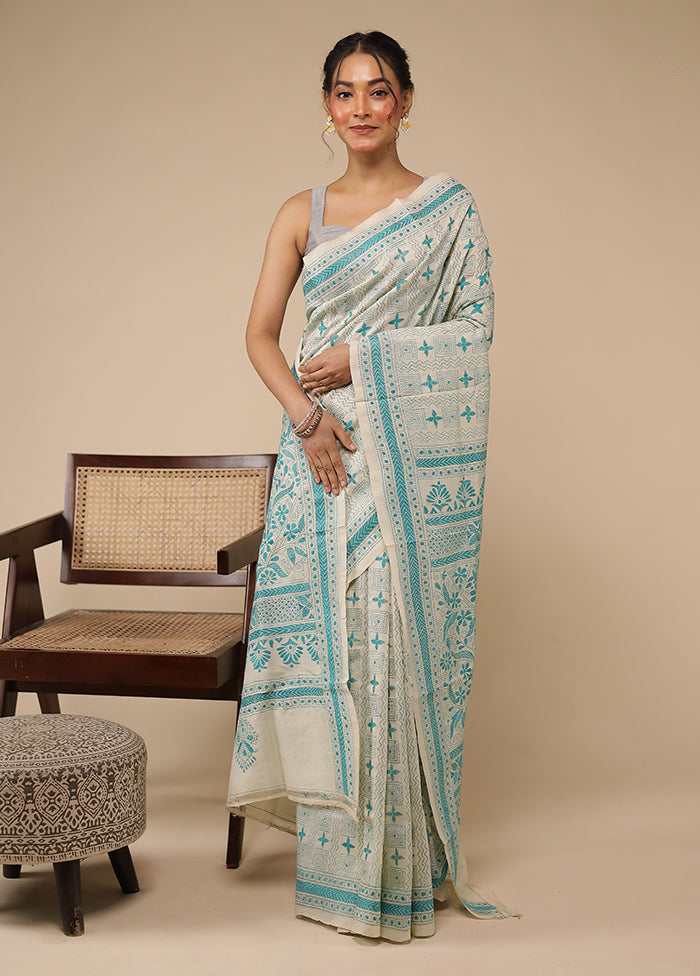 Cream Handloom Kantha Stitch Pure Silk Saree With Blouse Piece