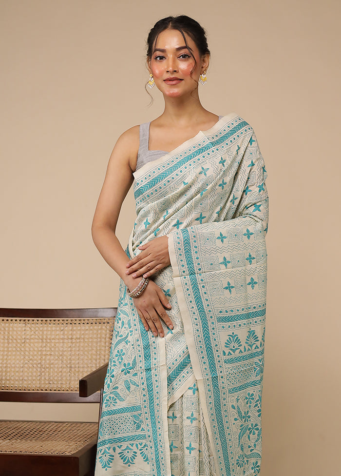Cream Handloom Kantha Stitch Pure Silk Saree With Blouse Piece