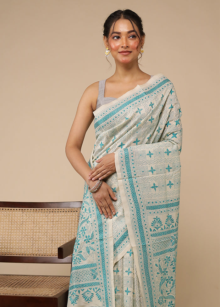 Cream Handloom Kantha Stitch Pure Silk Saree With Blouse Piece
