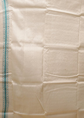 Cream Handloom Kantha Stitch Pure Silk Saree With Blouse Piece
