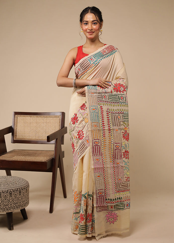 Cream Handloom Kantha Stitch Pure Silk Saree With Blouse Piece