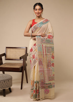 Cream Handloom Kantha Stitch Pure Silk Saree With Blouse Piece