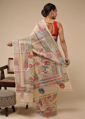 Cream Handloom Kantha Stitch Pure Silk Saree With Blouse Piece