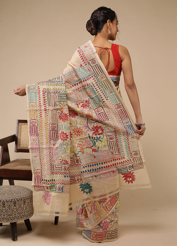 Cream Handloom Kantha Stitch Pure Silk Saree With Blouse Piece