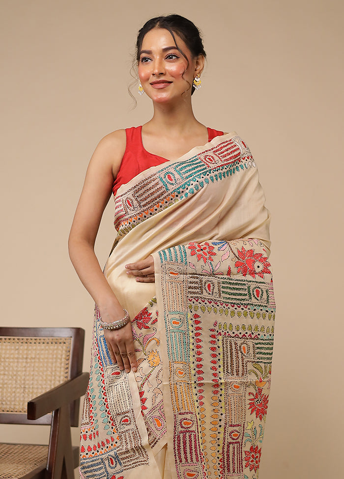Cream Handloom Kantha Stitch Pure Silk Saree With Blouse Piece