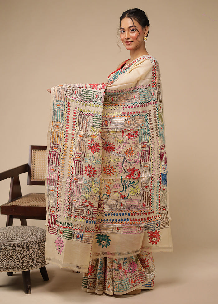 Cream Handloom Kantha Stitch Pure Silk Saree With Blouse Piece