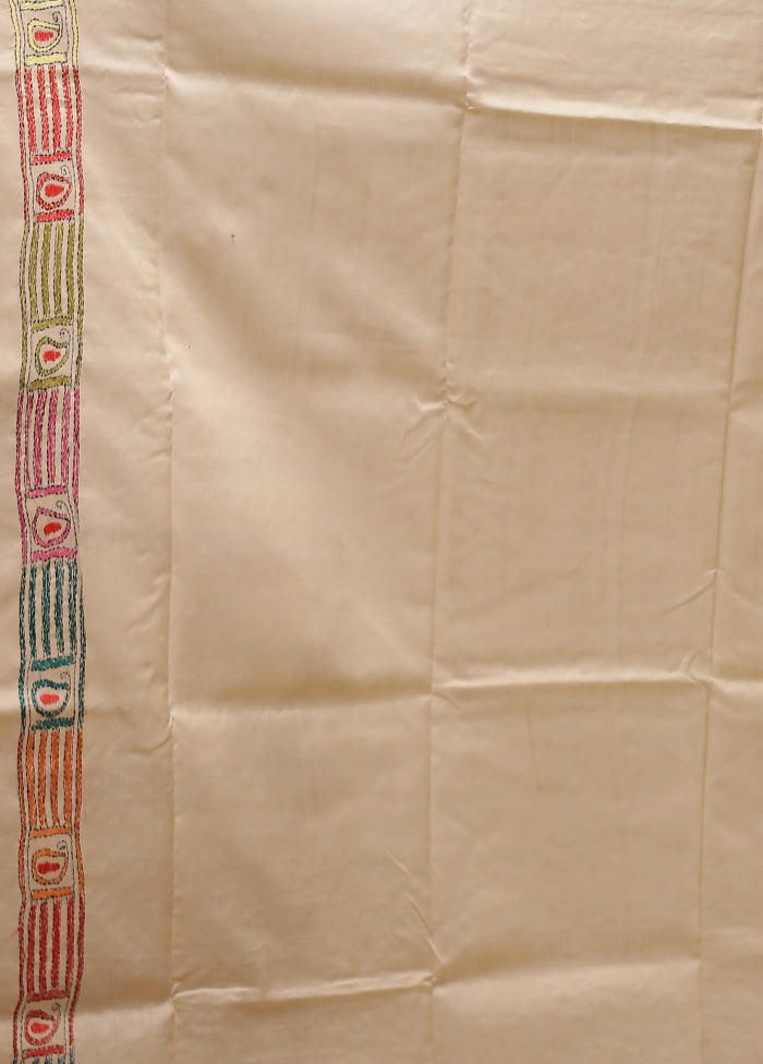 Cream Handloom Kantha Stitch Pure Silk Saree With Blouse Piece