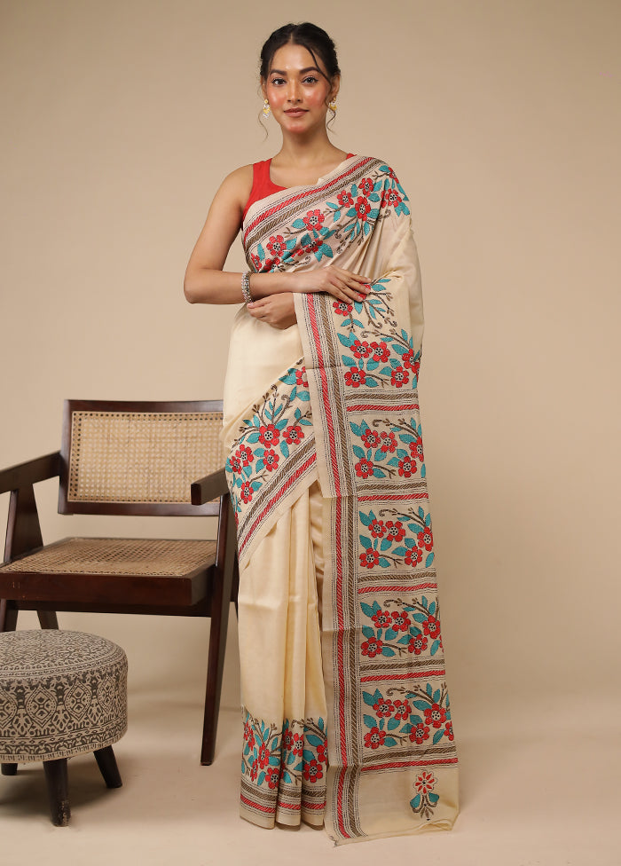 Cream Handloom Kantha Stitch Pure Silk Saree With Blouse Piece