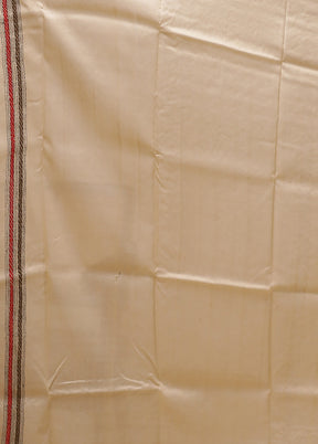Cream Handloom Kantha Stitch Pure Silk Saree With Blouse Piece