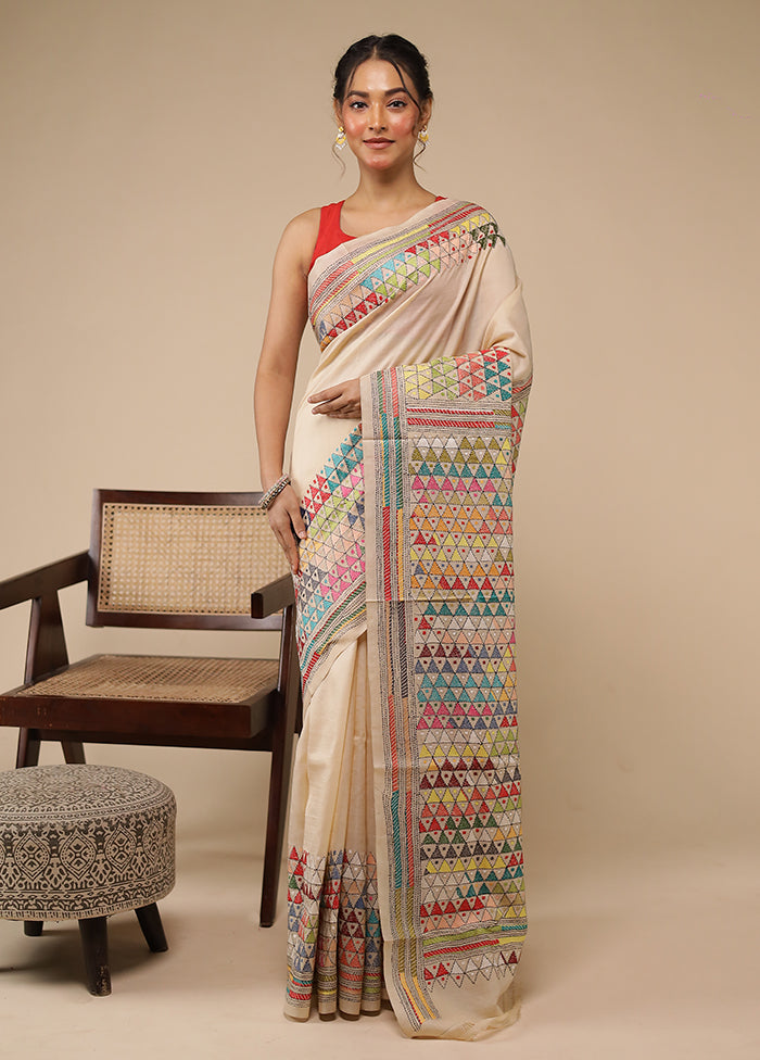 Cream Handloom Kantha Stitch Pure Silk Saree With Blouse Piece