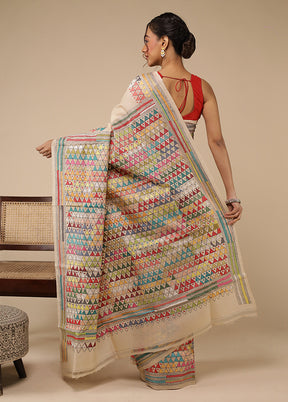 Cream Handloom Kantha Stitch Pure Silk Saree With Blouse Piece