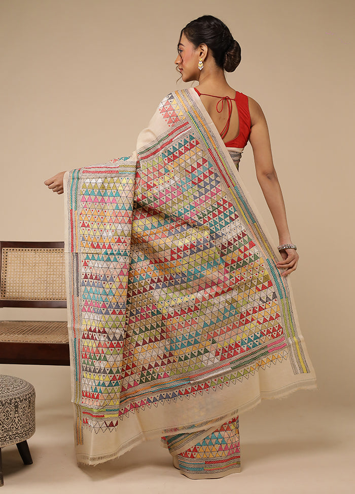 Cream Handloom Kantha Stitch Pure Silk Saree With Blouse Piece
