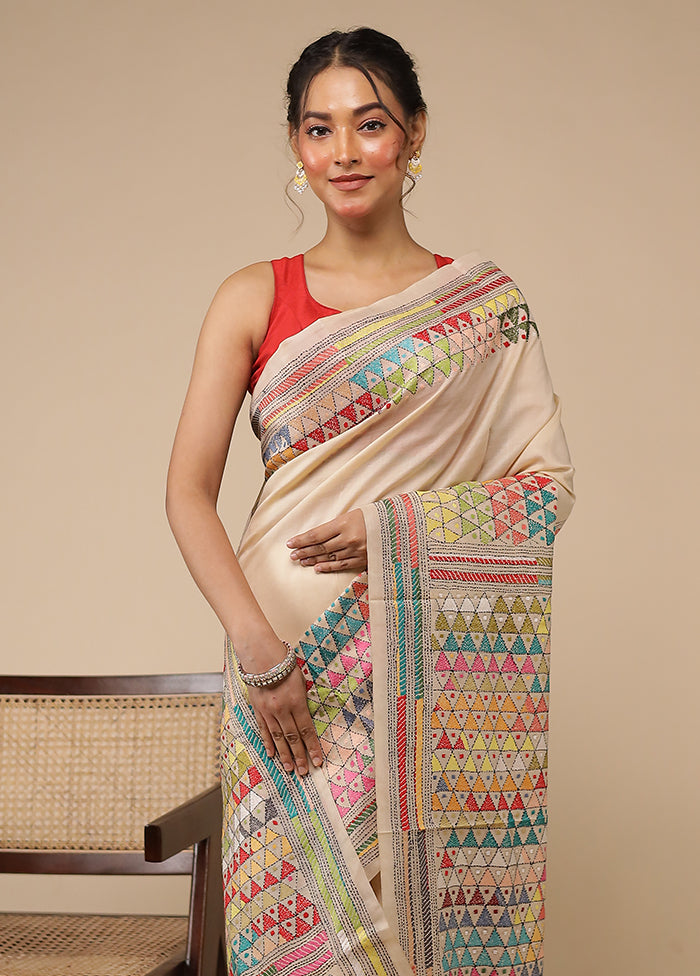 Cream Handloom Kantha Stitch Pure Silk Saree With Blouse Piece