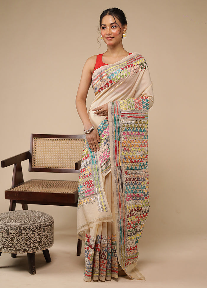 Cream Handloom Kantha Stitch Pure Silk Saree With Blouse Piece