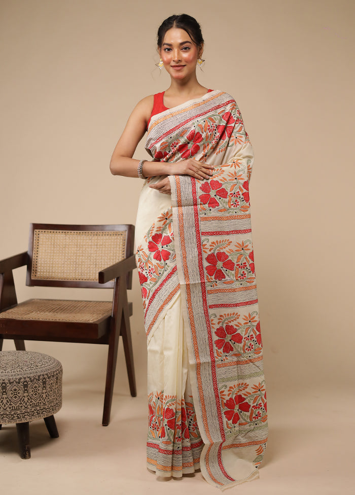 Cream Handloom Kantha Stitch Pure Silk Saree With Blouse Piece