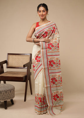Cream Handloom Kantha Stitch Pure Silk Saree With Blouse Piece
