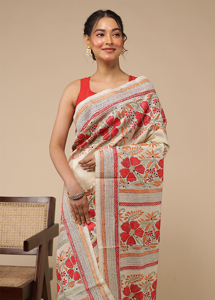 Cream Handloom Kantha Stitch Pure Silk Saree With Blouse Piece