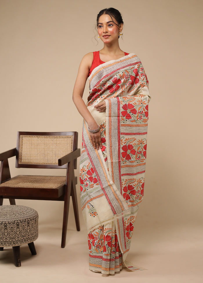 Cream Handloom Kantha Stitch Pure Silk Saree With Blouse Piece