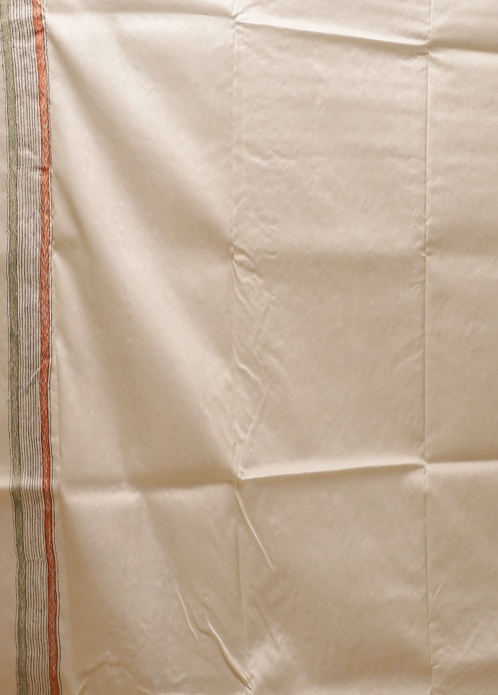 Cream Handloom Kantha Stitch Pure Silk Saree With Blouse Piece