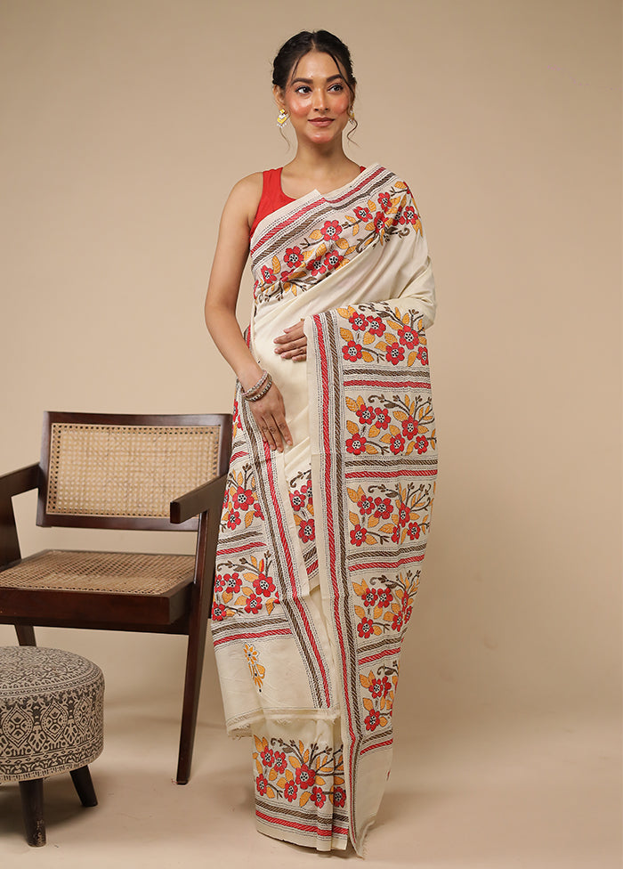 Cream Handloom Kantha Stitch Pure Silk Saree With Blouse Piece
