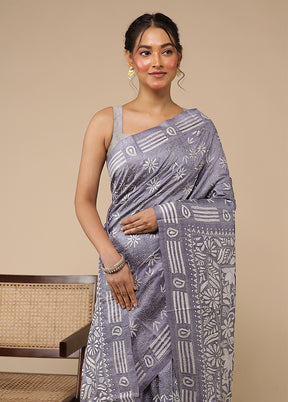 Grey Handloom Kantha Stitch Pure Silk Saree With Blouse Piece