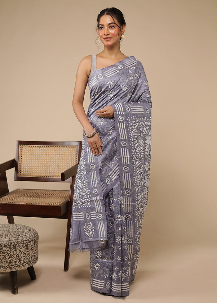 Grey Handloom Kantha Stitch Pure Silk Saree With Blouse Piece