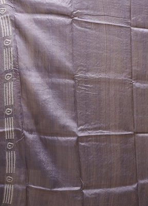 Grey Handloom Kantha Stitch Pure Silk Saree With Blouse Piece