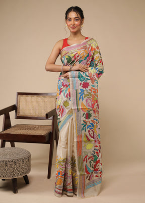 Cream Handloom Kantha Stitch Pure Silk Saree With Blouse Piece
