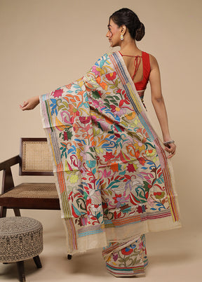 Cream Handloom Kantha Stitch Pure Silk Saree With Blouse Piece