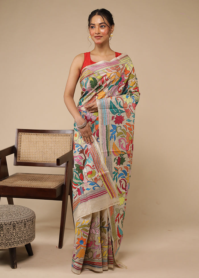 Cream Handloom Kantha Stitch Pure Silk Saree With Blouse Piece