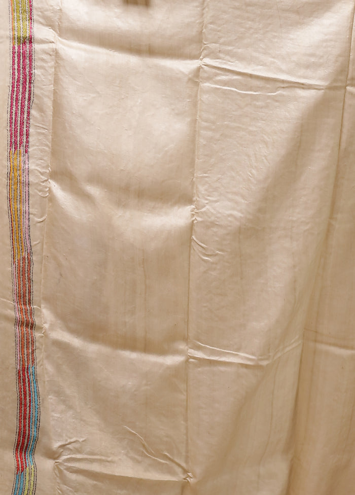 Cream Handloom Kantha Stitch Pure Silk Saree With Blouse Piece