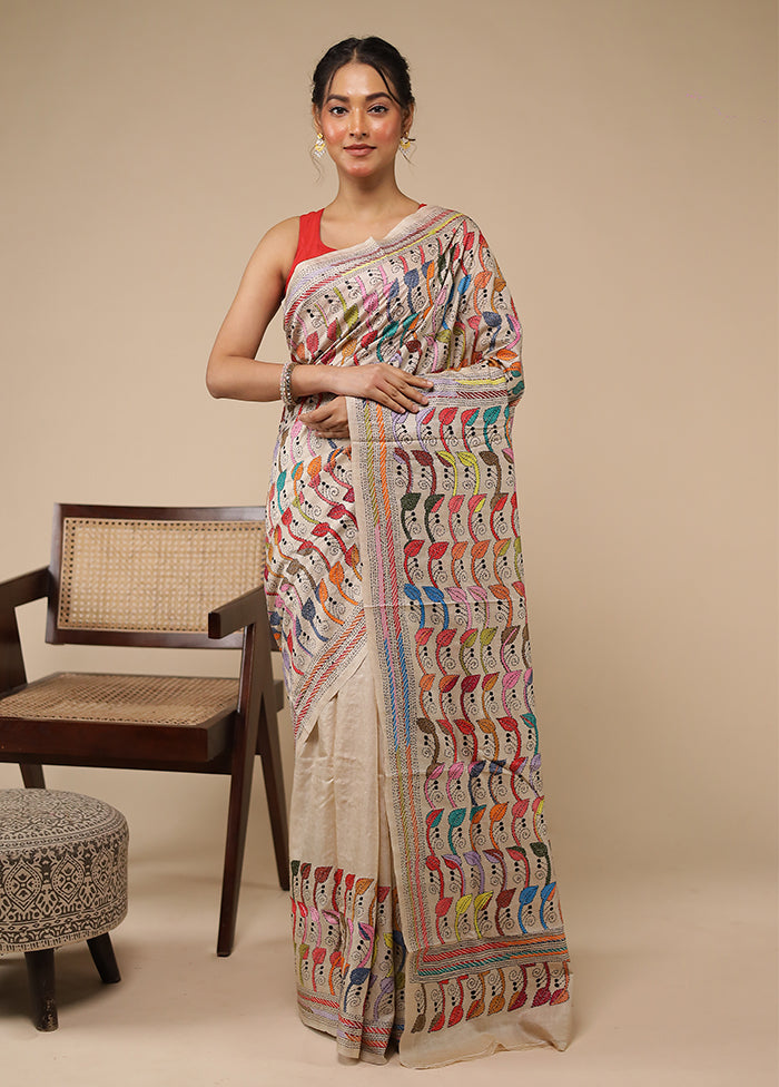 Cream Handloom Kantha Stitch Pure Silk Saree With Blouse Piece