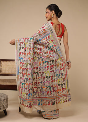 Cream Handloom Kantha Stitch Pure Silk Saree With Blouse Piece