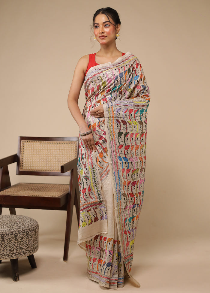 Cream Handloom Kantha Stitch Pure Silk Saree With Blouse Piece