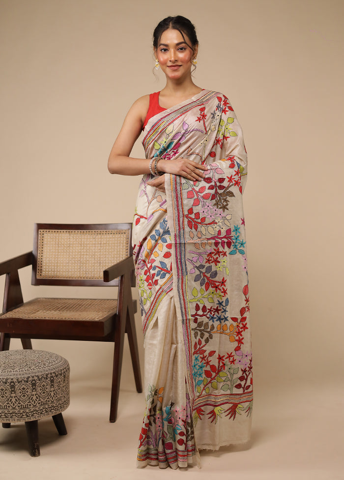 Cream Handloom Kantha Stitch Pure Silk Saree With Blouse Piece