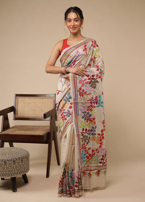 Cream Handloom Kantha Stitch Pure Silk Saree With Blouse Piece