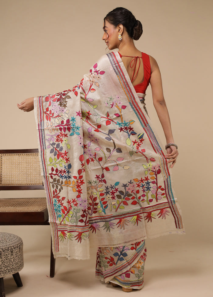 Cream Handloom Kantha Stitch Pure Silk Saree With Blouse Piece