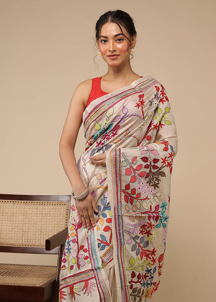 Cream Handloom Kantha Stitch Pure Silk Saree With Blouse Piece