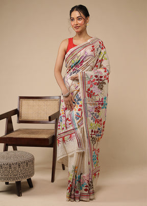 Cream Handloom Kantha Stitch Pure Silk Saree With Blouse Piece